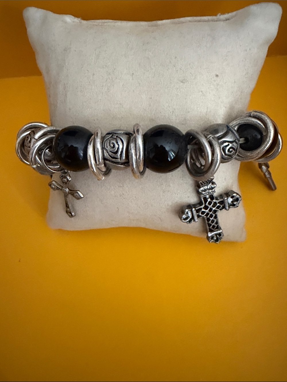 Brighton Silver-Tone Bracelet with Black Beads and Cross Charms